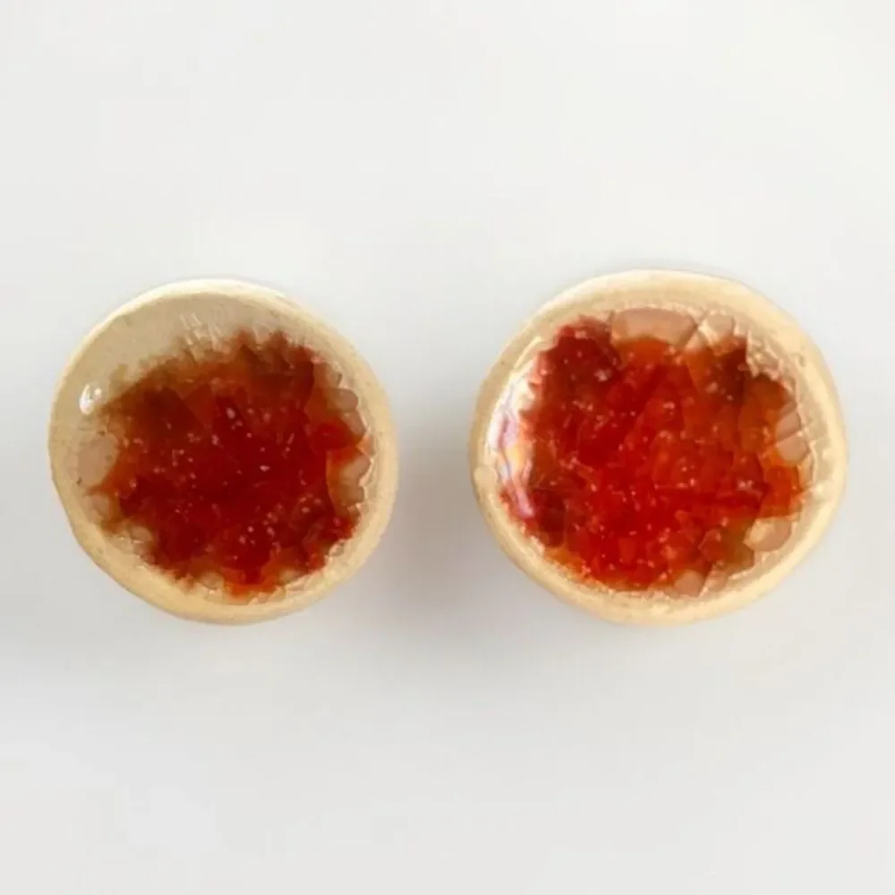 Handmade Ceramic & Glass Earrings‎ Stud Post plug Orange Red white Round 7/8”